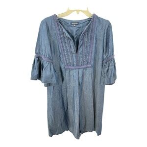 Max Edition Mid Length Bell Sleeve Blue Chambray Dress with Blue Braided Trim